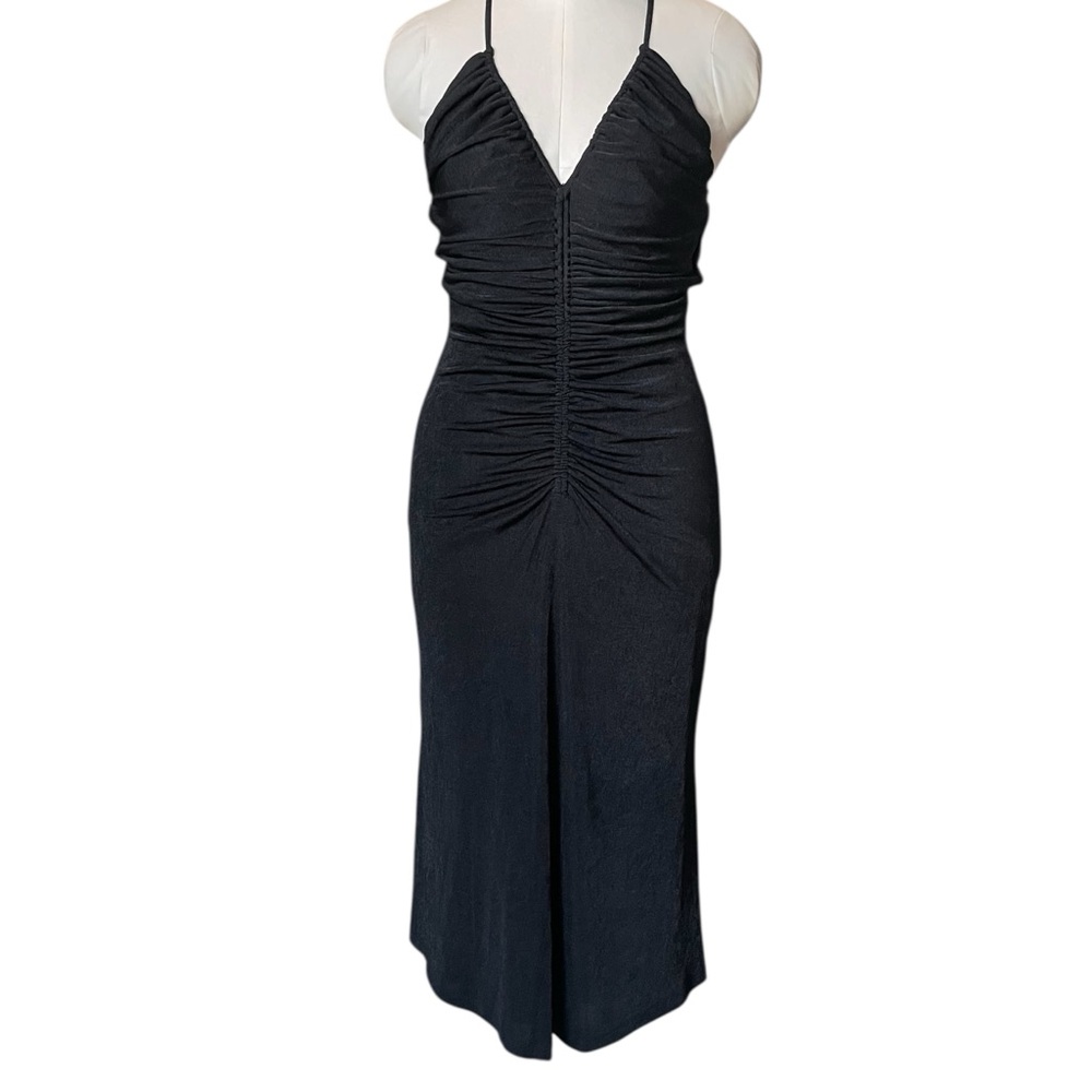 Misha Spaghetti Strap Ruched Midi Black Bodycon Dress